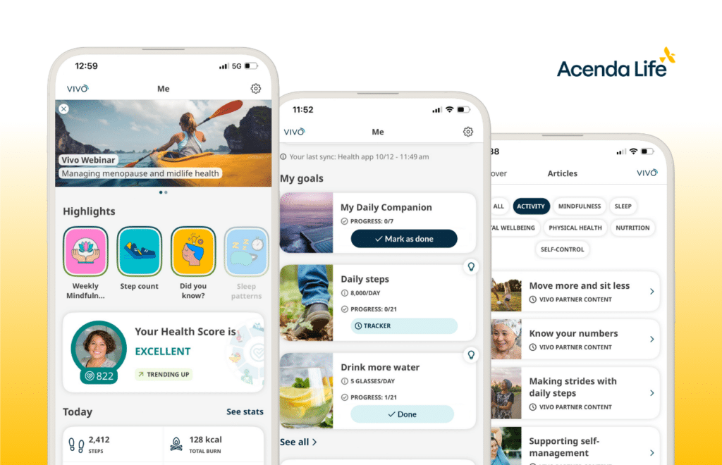 Acenda Vivo Companion app supporting recovery after illness or injury with health scoring, coaching, and behavior-change technology.