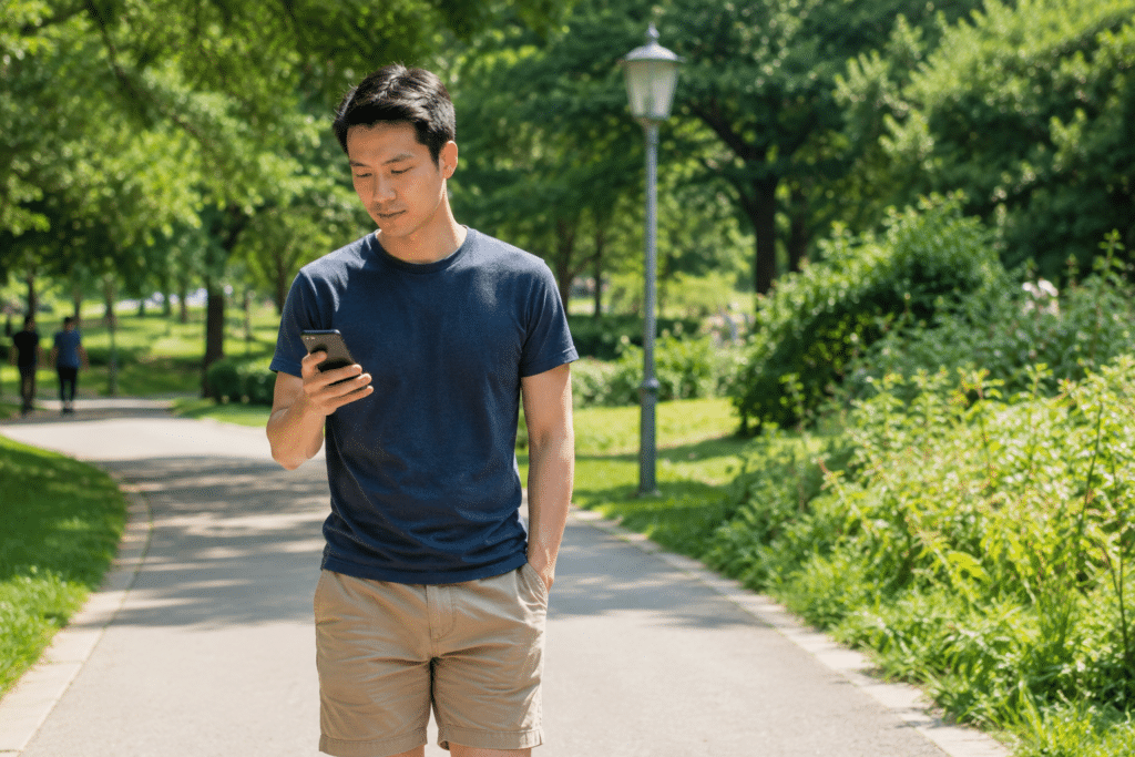 Asian man walking in the park looking at the boring health insurance app.