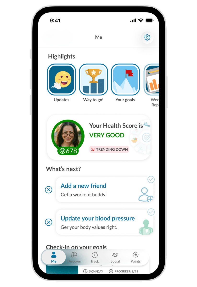 dacadoo Digital Health Engagement Platform (DHEP) white label app Me page with Highlights, Health Score, What's next and Goals status.