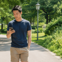 Asian man walking in the park looking at the boring health insurance app.