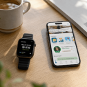 dacadoo's digital health engagement platform on the mobile phone with Apple Watch that shows Health Score.